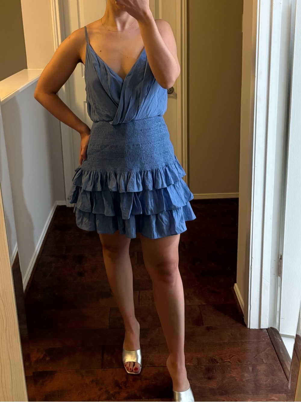 DO+BE Dusty Blue Smocked Ruffle Coquette Dress Size Large